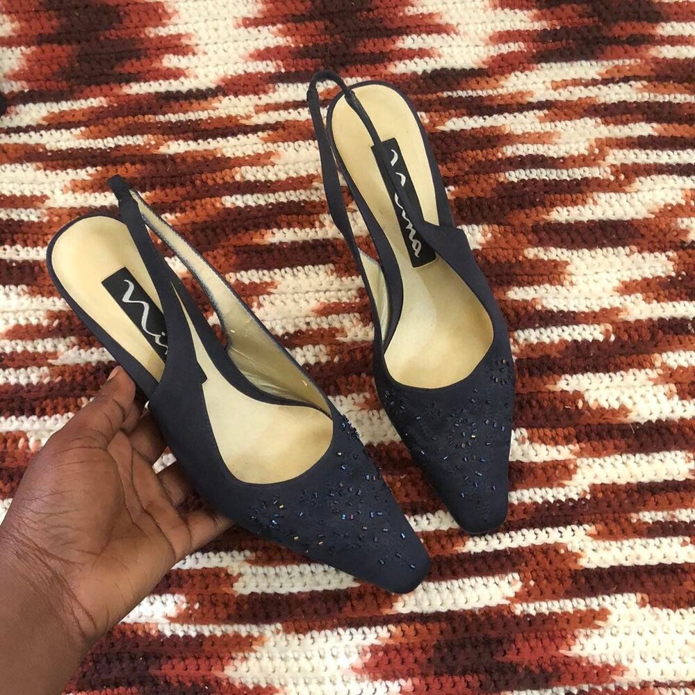 Coquette Fairy Dark Navy Blue pumps slingback mules pointed square toe heels - Picture 4 of 8